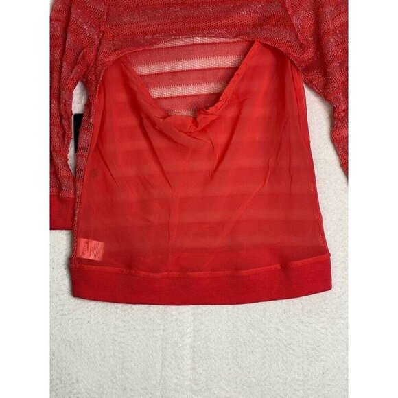 Rampage Womens Knit Blouse Red Striped Long Sleeve Scoop Neck Mesh Shimmer M New - Picture 3 of 6